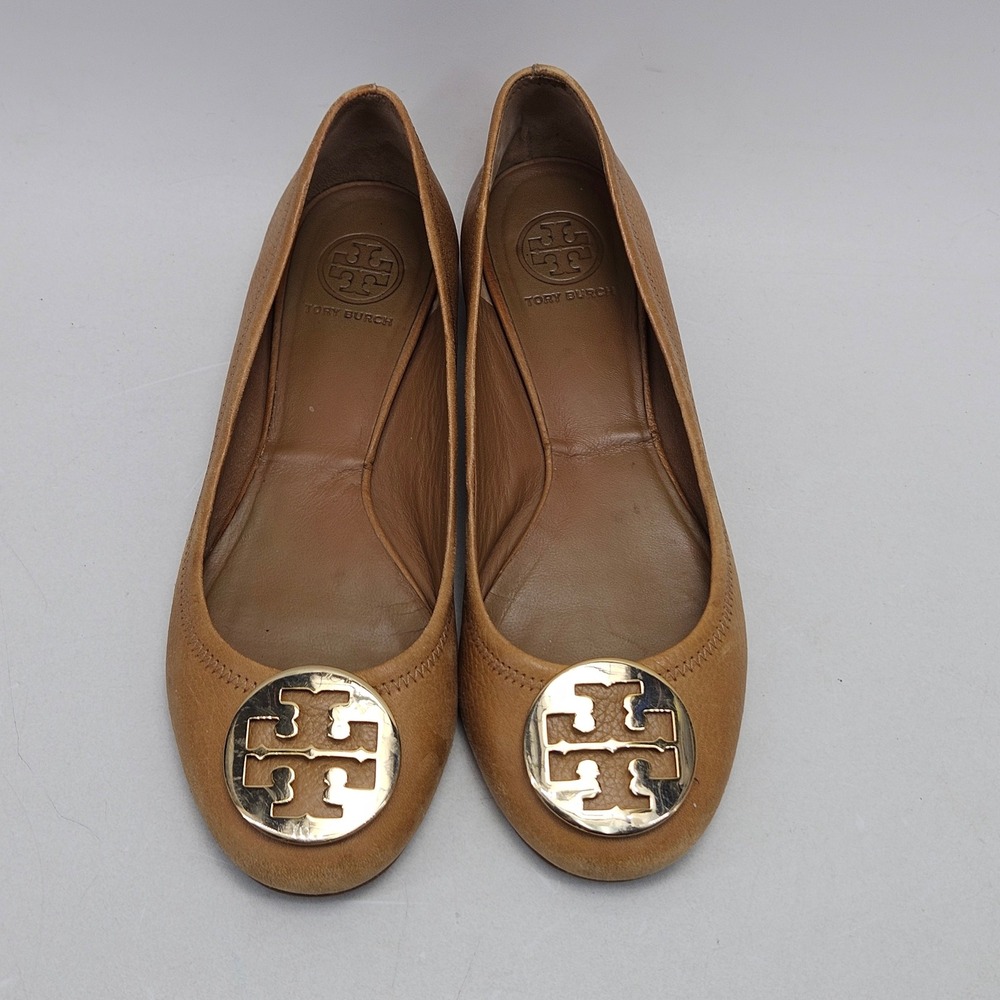 Tory Burch Tan Leather Reva Ballet Flats with Gold Logo - Picture 10 of 12